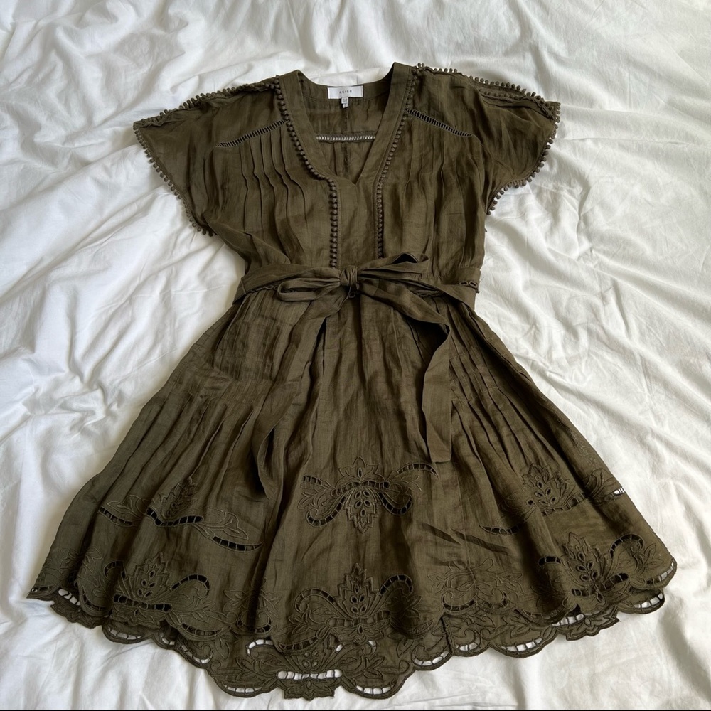 REISS - Olive Green Tie Waist Mini Dress- Size 8